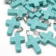 Dyed Synthetic Turquoise Pendants, with Stainless Steel Snap On Bails, Cross, 29~30x18~19x5~6mm, Hole: 6x4mm(G-T080-15)