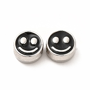 Rack Plating Alloy Enamel Beads, Cadmium Free & Nickel Free & Lead Free, Flat Round with Smiling Face Pattern, Platinum, Black, 7.5x4mm, Hole: 2mm(FIND-G051-01P-06)