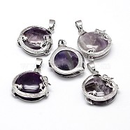 Flat Round with Dragon Platinum Plated Brass Natural Amethyst Pendants, Cadmium Free & Lead Free, 26.5x24x9mm, Hole: 7x4mm(G-F228-24I-RS)