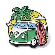 Summer Vacation Series Bus with Coconut Tree Alloy Enamel Pin Brooch, for Backpack Clothes, Green, 33x32.5x1.4mm(JEWB-C029-09C)