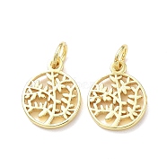 Rack Plating Brass Charms, with Jump Ring, Lead Free & Cadmium Free, Hollow, Flat Round with Tree Charm, Real 18K Gold Plated, 13x10.5x1.5mm, Hole: 3mm(KK-F849-04G)