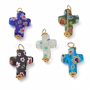 Handmade Millefiori Glass Pendants, with Golden Plated Brass Ball Head pins and Alloy Spacer Beads, Cross, Mixed Color, 24.5x13x3.5mm, Hole: 3.5mm(X-PALLOY-JF00577)