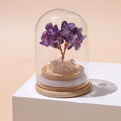 Natural Amethyst Chips Tree of Life Decorations, Mini Wooden & Glass Base with Copper Wire Feng Shui Energy Stone Gift for Home Office Desktop Decoration, 52x77mm(TREE-PW0003-24H)