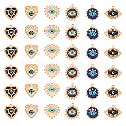 36Pcs 6 Style Alloy Enamel Pendants, Golden, Eye/Heart/Flat Round with Evil Eye, Mixed Color, 17.5~21.5x17~23x1.5~3mm, Hole: 1.6~2mm, 6pcs/style(FIND-FH0007-26)