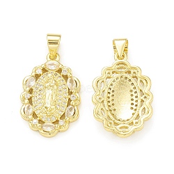Rack Plating Brass Micro Pave Clear Cubic Zirconia Pendants, Cadmium Free & Lead Free, Long-Lasting Plated, Oval with Virgin Mary Charm, Real 18K Gold Plated, 22x14.5x3.5mm, Hole: 4x3.5mm(KK-C011-16G)