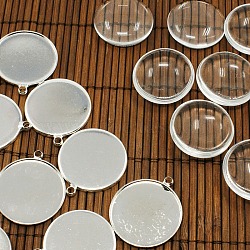 25mm Transparent Clear Domed Glass Cabochon Cover for Brass Photo Pendant Making, Silver Color Plated, Nickel Free, Pendants: 26x2mm, Hole: 2mm, Glass: 25x7.4mm(KK-X0021-NF)
