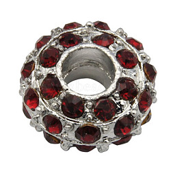 Alloy European Beads, with Grade A Rhinestone Beads, Large Hole Beads, Rondelle, Platinum Metal Color, Siam, 14x7mm, Hole: 5mm(X-MPDL-H032-13)
