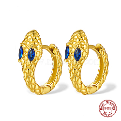Snake Shape Real 18K Gold Plated 925 Sterling Sliver Micro Pave Cubic Zirconia Hoop Earrings, Blue, 14x12mm(DI7310-1)