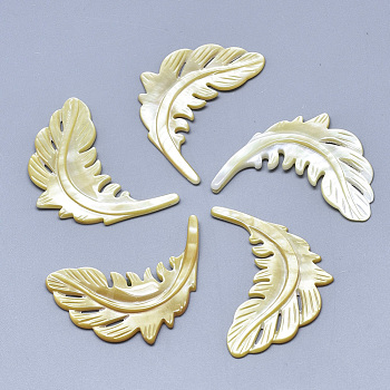 Natural Yellow Shell Pendants, Leaf, 39x26x3mm, Hole: 0.7mm