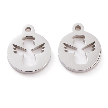 304 Stainless Steel Charms, Laser Cut, Flat Round with Angel, Stainless Steel Color, 13x11x1.5mm, Hole: 1.4mm