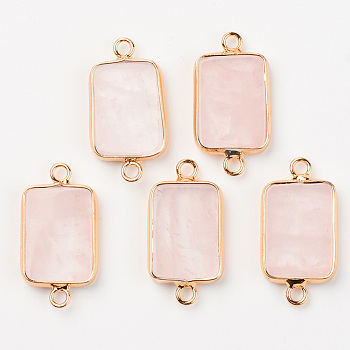 Natural  Rose Quartz Links, with Light Gold Plated Edge Brass Loops, Rectangle, 28.5x15x3.5mm, Hole: 2mm