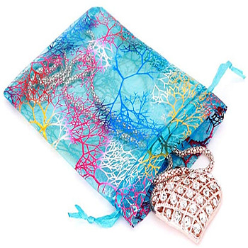 Rectangle Printed Organza Drawstring Bags, Colorful Coral Pattern, Cyan, 12x9cm