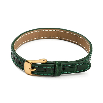 Leather Textured Watch Bands, with Ion Plating(IP) Golden 304 Stainless Steel Buckles, Adjustable Bracelet Watch Bands, Dark Green, 23.2x1~1.25x0.5cm