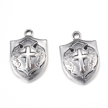 Tibetan Style Alloy Pendants, Shield with Cross, Cadmium Free & Lead Free, Antique Silver, 21x14x4mm, Hole: 2mm