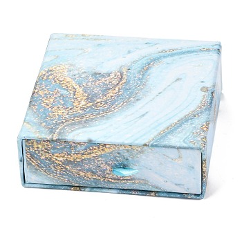 Square Paper Drawer Box, with Black Sponge & Polyester Rope, Marble Pattern, for Bracelet and Rings, Light Sky Blue, 9.3x9.4x3.4cm