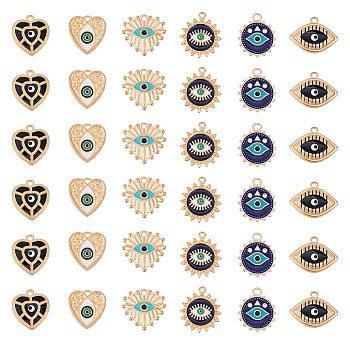 36Pcs 6 Style Alloy Enamel Pendants, Golden, Eye/Heart/Flat Round with Evil Eye, Mixed Color, 17.5~21.5x17~23x1.5~3mm, Hole: 1.6~2mm, 6pcs/style