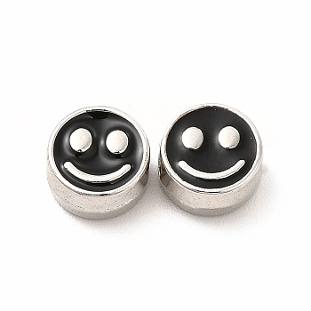 Rack Plating Alloy Enamel Beads, Cadmium Free & Nickel Free & Lead Free, Flat Round with Smiling Face Pattern, Platinum, Black, 7.5x4mm, Hole: 2mm