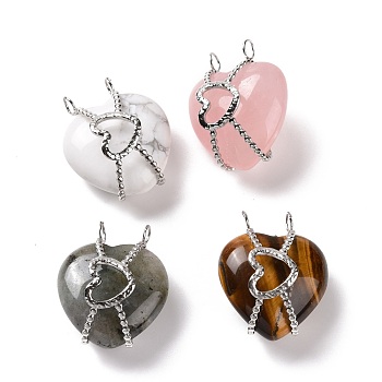 Natural Mixed Stone Pendants, with Stainless Steel Color Plated 304 Stainless Steel Heart Findings, Heart, 30x25x18mm, Hole: 3.7mm