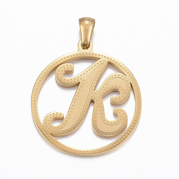 Ion Plating(IP) 304 Stainless Steel Pendants, Flat Round with Letter.K, Golden, 28x25x1.2mm, Hole: 6x3mm