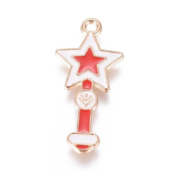 Alloy Pendants, with Enamel, Star Magic Wand, Light Gold, Red, 28x13x1.7mm, Hole: 1.6mm