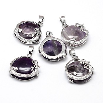 Flat Round with Dragon Platinum Plated Brass Natural Amethyst Pendants, Cadmium Free & Lead Free, 26.5x24x9mm, Hole: 7x4mm