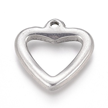 304 Stainless Steel Charms, Hollow Heart, Stainless Steel Color, 14x14x2.5mm, Hole: 1.4mm