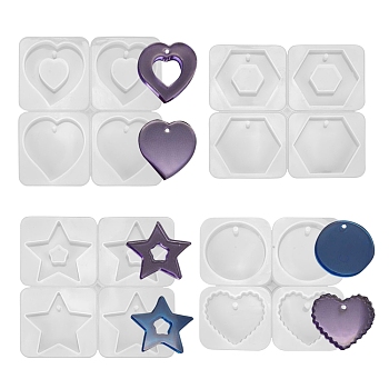 4Pcs 4 Style Pendant Silicone Molds, Resin Casting Molds, For UV Resin, Epoxy Resin Jewelry Making, Rectangle with Heart & Flat Round and Heart & Star & Hexagon, White, 164~165x151~160x10~11mm, 1pc/style