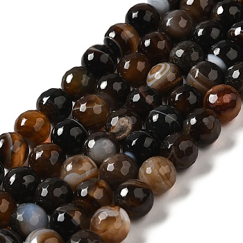 Natural Striped Agate/Banded Agate Beads Strands, Dyed & Heated, Faceted Round, Coffee, 8mm, Hole: 1mm, about 46pcs/strand, 14.69~15.16''(37.3~38.5cm)