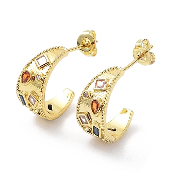 Colorful Cubic Zirconia Crescent Moon Stud Earrings, Rack Plating Brass Earrings, Cadmium Free & Lead Free, Real 18K Gold Plated, 15.5x14x7mm