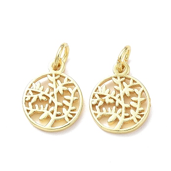Rack Plating Brass Charms, with Jump Ring, Lead Free & Cadmium Free, Hollow, Flat Round with Tree Charm, Real 18K Gold Plated, 13x10.5x1.5mm, Hole: 3mm