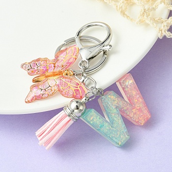 Resin & Acrylic Keychains, with Alloy Split Key Rings and Faux Suede Tassel Pendants, Letter & Butterfly, Letter W, 8.6cm