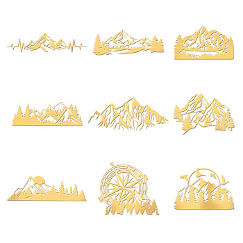 Nickel Decoration Stickers, Metal Resin Filler, Epoxy Resin & UV Resin Craft Filling Material, Golden, Mountain, 40x40mm, 9 style, 1pc/style, 9pcs/set
