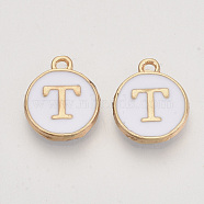 Golden Plated Alloy Charms, Cadmium Free & Lead Free, with Enamel, Enamelled Sequins, Flat Round with Letter, White, Letter.T, 14x12x2mm, Hole: 1.5mm(X-ENAM-S118-01T)