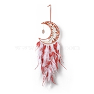 Gemstone Chips Beaded Tree of Life Moon with Feather Pendant Decorations, with Iron Findings, for Garden Home Ornament, Red, 750mm(HJEW-M004-14)