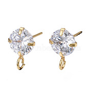 Brass Micro Clear Cubic Zirconia Stud Earring Findings, with Loop, Nickel Free, Real 18K Gold Plated, 12x8mm, Hole: 2mm, Pin: 0.7mm(KK-R132-065G-NF)