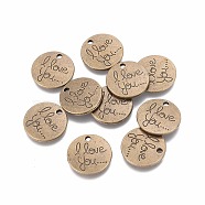 Tibetan Style Valentine's Day Alloy Pendants, Flat Round with Words I Love You, Cadmium Free & Nickel Free & Lead Free, Antique Bronze, 20x3mm, Hole: 2mm(X-TIBEP-5411-AB-FF)