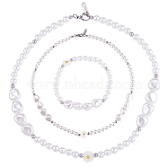 3Pcs Natural Shell & Plastic Pearl Flowers Beaded Necklaces and Stretch Bracelet Set, Jewelry Set for Women, White, 15-3/8~18-1/4 inch(39~46.5cm), Inner Diameter: 2 inch(5.3cm)(SJEW-SW00010-02)