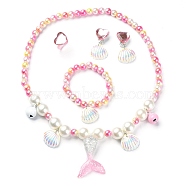 Plastic & Resin Bead Jewelry Set for Kids, including Shell & Mermaid Tail Pendant Necklaces & Charm Bracelets, Heart Finger Rings & Clip-on Earring, Pink, Necklace: 18-1/2 inch(47cm), Earring: 38x20mm, Inner Diameter: Bracelet: 1-5/8 inch(4.2cm), Ring: 15mm(SJEW-F221-03)