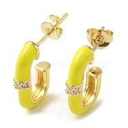 Real 18K Gold Plated Brass Oval Stud Earrings, Half Hoop Earrings with Enamel and Cubic Zirconia, Yellow, 17x3.5mm(EJEW-L268-020G-02)
