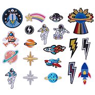 20Pcs 20 Style Computerized Embroidery Cloth Iron on/Sew on Patches, Costume Accessories, Planet & Spaceman & Clothes & Rocket & Airplane & UFO & Sun & Star & Lightning, Mixed Color, 30~100x22~96x1~1.5mm, 1pc/style(DIY-SZ0006-99)