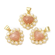 Natural Sunstone Pendants, Faceted Heart Charms, with Ion Plating(IP) Brass Findings and Plastic Beads, Real 14K Gold Plated, 18~18.5x17.5~18x5.5~6.8mm, Hole: 4.5x3.5mm(G-E599-05G-A02)
