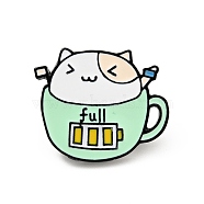 Coffee Cup Cat Enamel Pin, Word Full Alloy Badge for Backpack Clothes, Electrophoresis Black, Pale Green, 21x26x2mm(JEWB-H009-01EB-03)