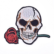 Computerized Embroidery Cloth Iron on/Sew on Patches, Costume Accessories, Appliques, Skull with Rose, Floral White, 86x96x1.5mm(X-DIY-I016-25)