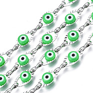 304 Stainless Steel Textured Oval Cable Chains, with Enamel Evil Eye Beads, with Spool, Unwelded, Stainless Steel Color, Spring Green, 11x5.5x3mm, 7.5x3x1mm, about 32.81 Feet(10m)/Roll(CHS-T003-33P-03)
