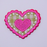 Computerized Embroidery Cloth Iron on/Sew on Patches, Costume Accessories, Appliques, Heart with Heart, Hot Pink, 41x49x1.5mm(DIY-TAC0008-17)