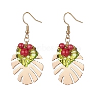 Iron Tropical Leaf Dangle Earrings with Glass Pearl Beaded, with 304 Stainless Steel Earrings Pins, Golden, 53x24mm(EJEW-JE05512)