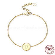925 Sterling Silver Letter Initial Flat Round Link Bracelets, Real 18K Gold Plated, Letter D, 6-3/4 inch(17cm)(SJ5333-4)