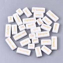 Opaque Acrylic Beads, with Enamel, Rectangle with Words, White, Gold, 12~24x9~10x6mm, Hole: 3mm, about 210pcs/250g(MACR-SZ0001-03A)