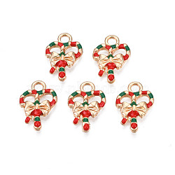 Rack Plating Alloy Enamel Pendants, Cadmium Free & Nickel Free & Lead Free, Light Gold, Christmas Candy Cane with Bowknot, Red, 18x12.5x3mm, Hole: 2.5mm(ENAM-N055-158)