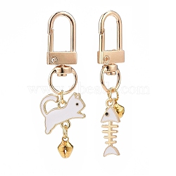 Cat & Fishbone Shape Alloy Enamel Charms Keychain, with Alloy Swivel Clasps and Bell, White, 59mm, 2pcs/set(KEYC-JKC00431-01)